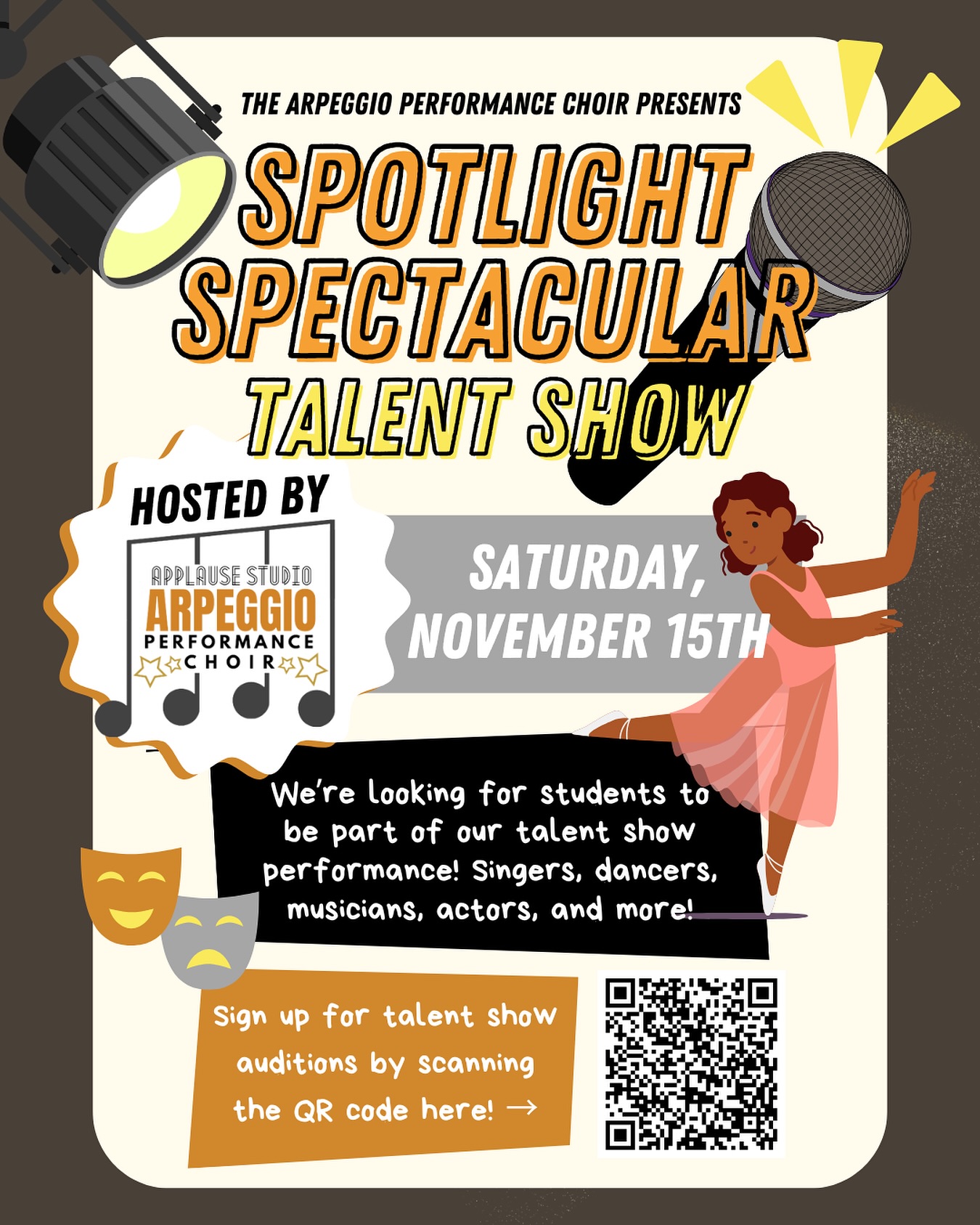 🚨 Attention all performers! 🚨

We want YOU 🫵 to be part of our first ever talent show! ✨

The show will be hosted by the Arpeggio Performance Choir 🎤 to help raise money for the costs of music, uniforms, and more!

Sign up for talent show auditions by tapping the link 🔗 in our bio! 👉

#applausestudio #singactdance #performingartsstudio #talentshow #talentshowauditions #kidstalentshow #arpeggiochoir #auditionopportunities #danceteam #actingtroupe #danceclasses #actingclasses #singinglessons #voicelessons #pianolessons #balletclasses #jazzdanceclasses #tapclasses #hiphopclasses #generalmusicclasses #musicaltheatreclasses #lyricaldanceclasses #voiceclasses #preschooldanceclasses #kidsdanceclasses #teendanceclasses #adultdanceclasses #familyfriendly #everettperformingarts
