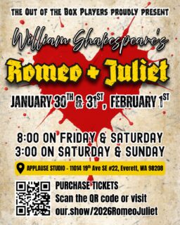 🎟️ Tickets are now on sale for the Out of the Box Players production of Romeo & Juliet!

💸 Purchase yours now with the link in bio.

🤩 We hope to see you there!

ROMEO & JULIET
by William Shakespeare

Two young lovers. One deadly feud. In a city torn apart by hatred, Romeo and Juliet risk everything for a chance at love. But as their secret romance deepens, love and loyalty collide with duty and destiny, setting off a chain of events as swift as it is devastating. Shakespeare’s tale of forbidden love and the consequences of long-held grudges remains deeply relevant today.

#romeoandjuliet #williamshakespeare #oromeoromeo #outoftheboxplayers #outoftheboxatapplause #actingtroupe #acting #actors #communitytheatre #livetheatre #applausestudio #applausestudiosilverlake #snohomishcounty #snohomishcountytheatre #millcreekwa #everettwa #pnwtheatre