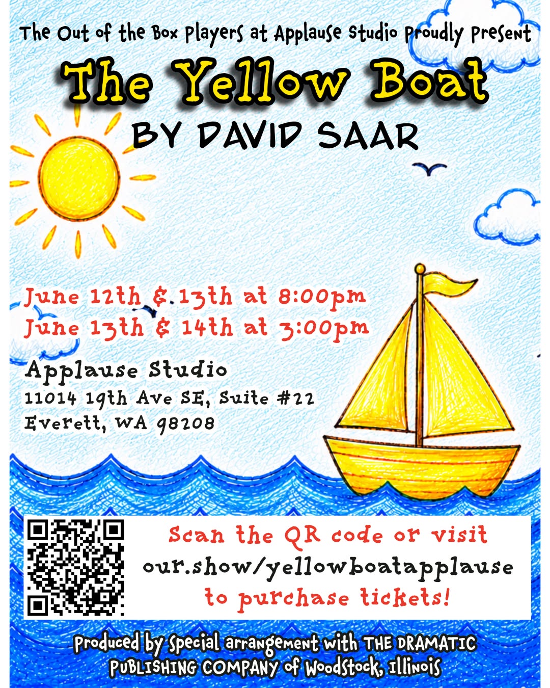 Tickets for the Out of the Box Players production of Yellow Boat are on sale now! Tap the link in bio to order yours today ⛵ 

THE YELLOW BOAT
By David Saar

The story of The Yellow Boat is a glorious affirmation of a child’s life and the strength and courage of all children. This dramatization is based on the true story of David and Sonja Saar’s son, Benjamin, who was born with congenital hemophilia and died in 1987 at the age of 8 of AIDS-related complications. A uniquely gifted visual artist, Benjamin’s buoyant imagination transformed his physical and emotional pain into a blaze of colors and shapes in his fanciful drawings and paintings. A Scandinavian folksong tells of three little boats: “One was blue, one was red and one was yellow as the sun. They sailed far out to sea. The blue one returned to the harbor. The red one sailed home, too. But the yellow boat sailed up to the sun.” Benjamin always concluded his bedtime ritual by saying, “Mom, you can be the red boat or the blue boat, but I am the yellow boat.” Benjamin’s remarkable voyage continues to touch audiences around the world. Recommended for children age 8 and older, parents, families and adults.

#theyellowboat #davidsaar #benjaminsaar #theyellowboatplay #outoftheboxplayers #outoftheboxatapplause #actingtroupe #acting #actors #communitytheatre #livetheatre #applausestudio #applausestudiosilverlake #snohomishcounty #snohomishcountytheatre #millcreekwa #everettwa #pnwtheatre