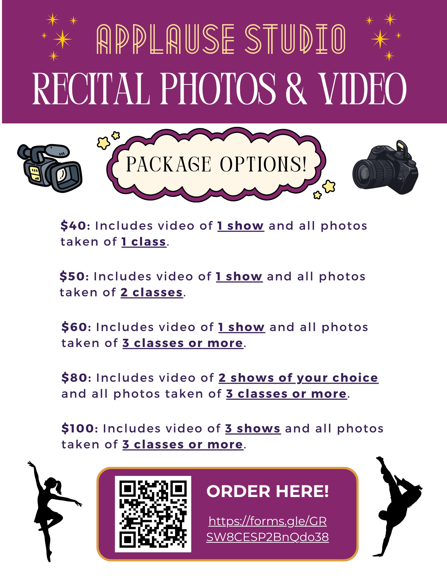 📸 Pre-order your recital media package for access to professional photos and video taken of the performance! 🎥

This way you can sit back and enjoy the performance live! Pre-order with the link in bio! Distribution of photos and video will be done in August.