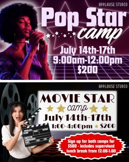 Our Pop Star and Movie Star camps start next week on July 14th!

Pop Star Camp (Half Day Part 1): Learn to sing and dance like your favorite pop stars, and film a music video at the end of camp!

Movie Star Camp (Half Day Part 2): Help direct, write, and act in a short film, created by you and your fellow campers!

Please wear comfortable clothes and have hair pulled back. Full day campers need to bring their own lunch. Students joining us for lunch will watch a movie throughout the week! Students will perform for family at the end of each camp.

#applausestudio #summercamps #popstarcamp #moviestarcamp #kidscamps