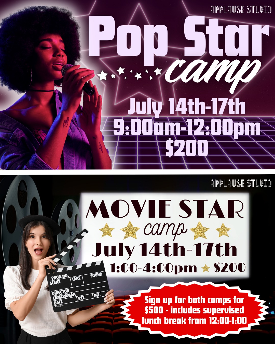 Our Pop Star and Movie Star camps start next week on July 14th!

Pop Star Camp (Half Day Part 1): Learn to sing and dance like your favorite pop stars, and film a music video at the end of camp!

Movie Star Camp (Half Day Part 2): Help direct, write, and act in a short film, created by you and your fellow campers!

Please wear comfortable clothes and have hair pulled back. Full day campers need to bring their own lunch. Students joining us for lunch will watch a movie throughout the week! Students will perform for family at the end of each camp.

#applausestudio #summercamps #popstarcamp #moviestarcamp #kidscamps