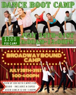 Our Dance Boot Camp and Broadway Bound Camp start next week on July 28th!
Dance Boot Camp (Half Day Part 1): Learn jazz, lyrical, and hip hop dance from our instructors!
Broadway Camp (Half Day Part 2): Learn musical theatre and tap dance, as well as how to sing and act from our instructors!
All dance experience levels welcome. Please wear dance clothes and shoes, and have hair pulled back. Full day campers need to bring their own lunch. Students joining us for lunch will watch a movie throughout the week! Students will perform for family at the end of each camp.
#dancecamp #musicalcamp #dancebootcamp #broadwayboundcamp #summercamp