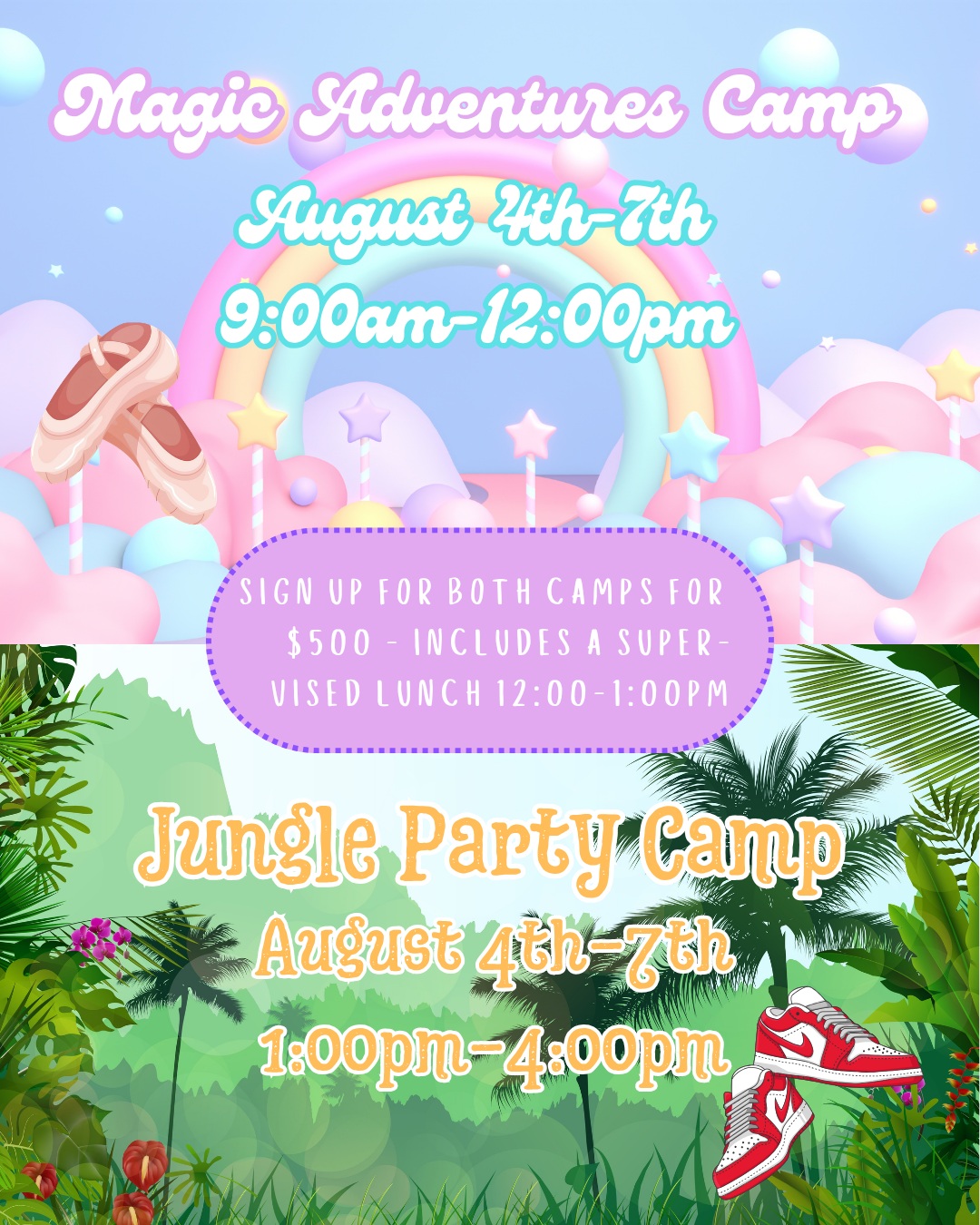 Our Magic Adventures and Jungle Party camps start next week on August 4th!

Magic Adventures (Half Day Part 1): Pretend to be a magical unicorn or fairy while we sing and learn ballet, and make magical crafts!

Jungle Party (Half Day Part 2): Pretend to be a jungle animal while we sing and learn hip hop, and make jungle themed crafts!

Please wear comfortable clothes and have hair pulled back. Full-day campers need to bring their own lunch. Students joining us for lunch will watch a movie throughout the week! Students will perform for family at the end of each camp.

#applausestudio #summercamps #magicadventures #jungleparty #kidscamp