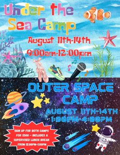 Our Under the Sea and Outer Space camps start next week on August 11th!

Under the Sea (Half Day Part 1): Learn to sing and dance ballet-style to a summer and sea-themed song! Kids will also engage in sea-themed games and crafts to bring home.

Outer Space Camp (Half Day Part 2): Learn to sing and dance hip hop-style to a space-themed song! Kids will also engage in space-themed games and crafts to bring home.

Please wear comfortable clothes and have hair pulled back. Full-day campers need to bring their own lunch. Students joining us for lunch will watch a movie throughout the week! Students will perform for family at the end of each camp.

#applausestudio #summercamps #popstarcamp #moviestarcamp #kidscamps