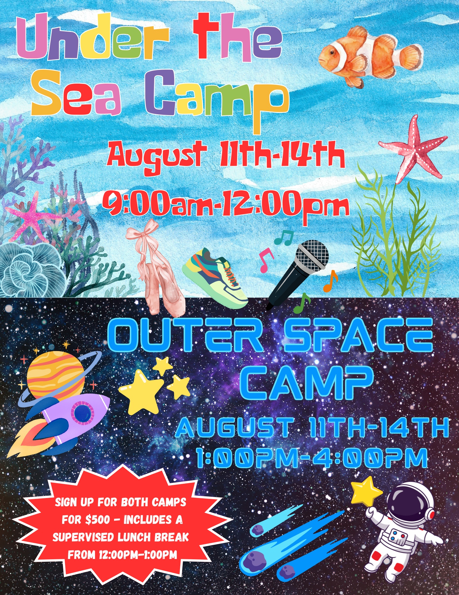 Our Under the Sea and Outer Space camps start next week on August 11th!

Under the Sea (Half Day Part 1): Learn to sing and dance ballet-style to a summer and sea-themed song! Kids will also engage in sea-themed games and crafts to bring home.

Outer Space Camp (Half Day Part 2): Learn to sing and dance hip hop-style to a space-themed song! Kids will also engage in space-themed games and crafts to bring home.

Please wear comfortable clothes and have hair pulled back. Full-day campers need to bring their own lunch. Students joining us for lunch will watch a movie throughout the week! Students will perform for family at the end of each camp.

#applausestudio #summercamps #popstarcamp #moviestarcamp #kidscamps