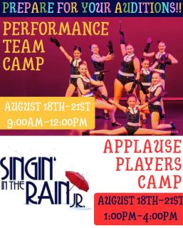 Performance Team Intensive (Half Day Part 1): Meet the team coaches and prepare for auditions! Intermediate & advanced dancers only.

Applause Players Camp (Half Day Part 2): Meet the directors and prepare for auditions! All experience levels welcome.

Please wear dance clothes and jazz shoes, and have hair pulled back. Full day campers need to bring their own lunch. Students joining us for lunch will watch a movie throughout the week! Students will perform for family at the end of each camp.