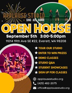 Our open house is coming up, September 5th, 3:00-5:00pm. Stop by, see a performance, get a tour, take a demo class, and more!!

#applausestudio #openhouse #dancestudio #acting #musicclasses