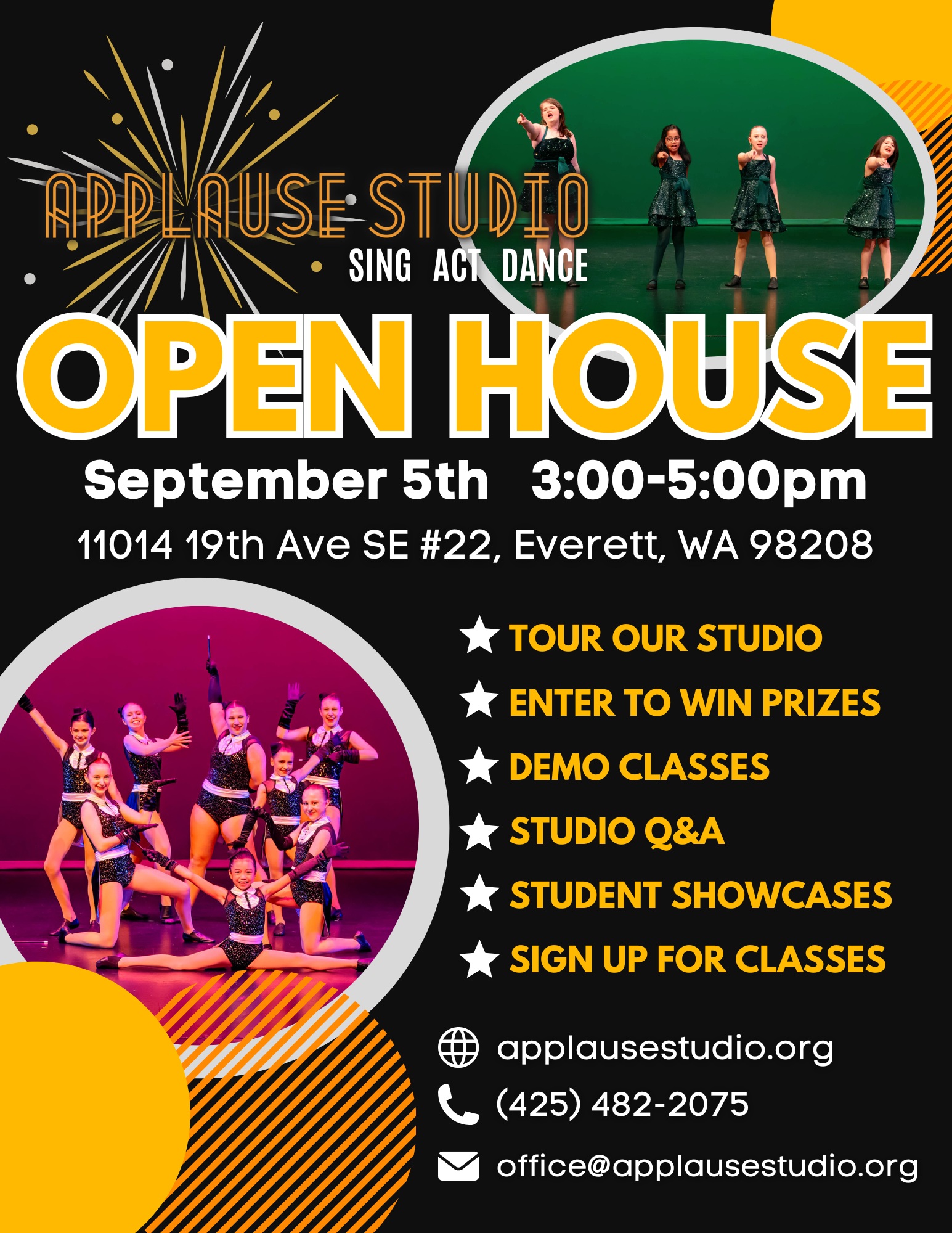 Our open house is coming up, September 5th, 3:00-5:00pm. Stop by, see a performance, get a tour, take a demo class, and more!!

#applausestudio #openhouse #dancestudio #acting #musicclasses