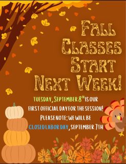 Fall classes are finally around the corner! Tuesday, September 8th is our first day of the session. We will be closed Monday, September 7th for Labor Day. See you all soon!

#fallclasses #danceclasses #dance #music #musicclasses