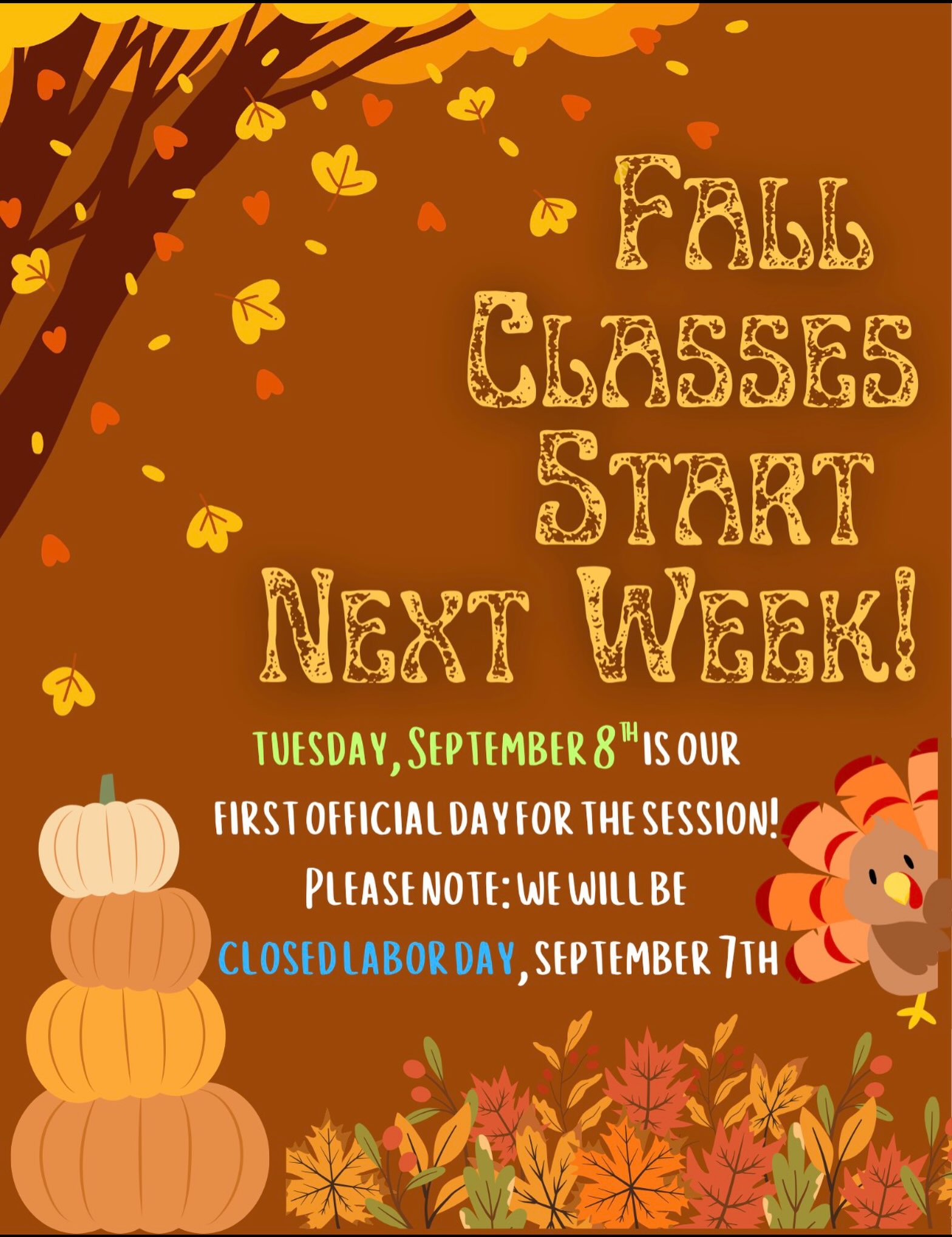 Fall classes are finally around the corner! Tuesday, September 8th is our first day of the session. We will be closed Monday, September 7th for Labor Day. See you all soon!

#fallclasses #danceclasses #dance #music #musicclasses