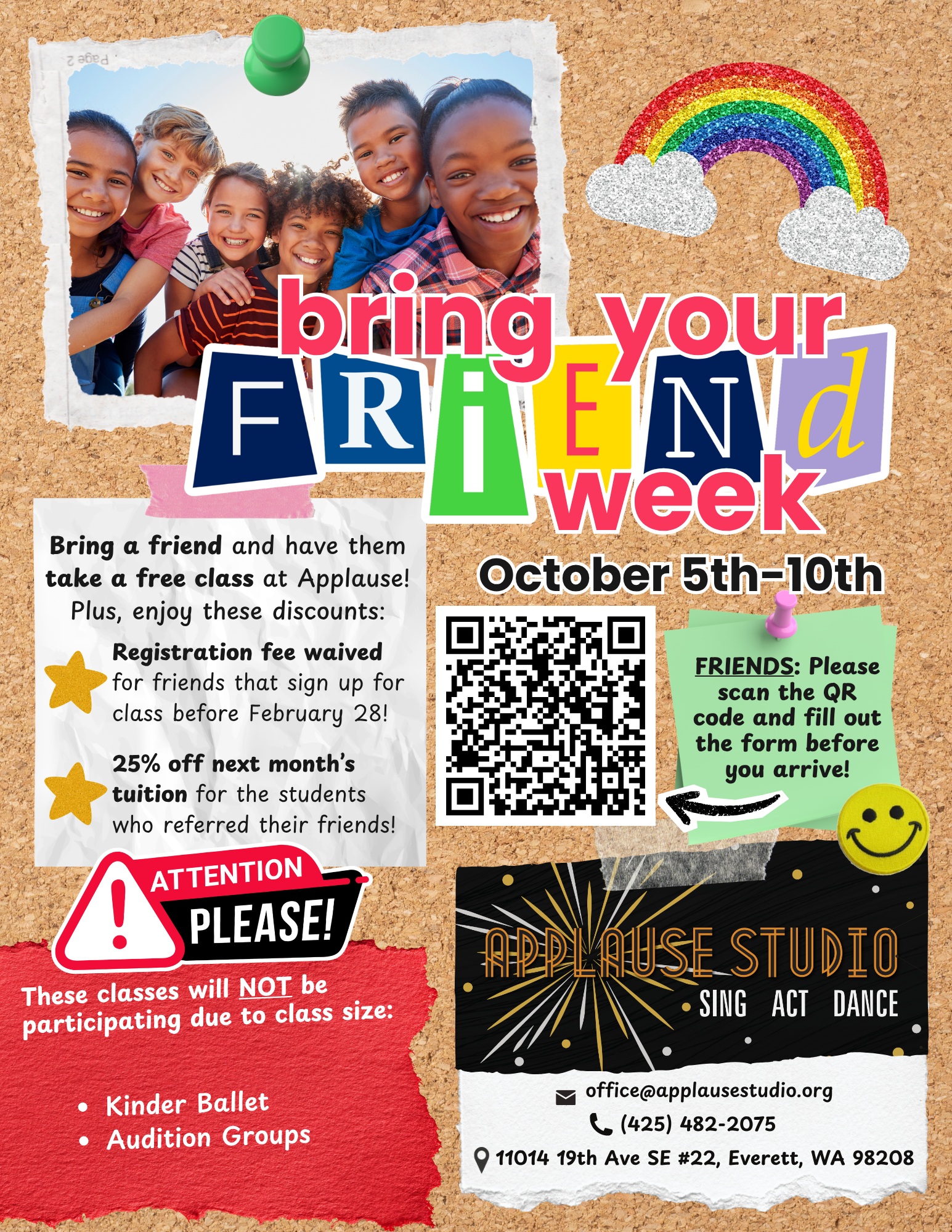 Next week is bring your friend to Class Week! Please make sure friends sign up through the QR code before showing up :)
Kinder Ballet & any audition classes will not be participating.
Note for advanced and intermediate classes: If you have instructor approval, please make sure your friend has prior experience at that level or takes another intermediate/advanced level class :)
#applausestudio #bringyourfriend #danceclasses #musicclasses #theatreclasses
