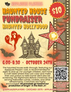 The Applause Players Haunted House is back! Tickets are on sale now!
This haunted house fundraiser is on Saturday, October 24th from 6:00-8:30pm. Our theme this year is Haunted Hollywood- to tie in with this years production, Singin' in the Rain Jr!
All proceeds go directly to funding our production; we hope to see you there!
#hauntedhouse #kidshauntedhouse #kidstheatre #theatregroup #applauseplayers