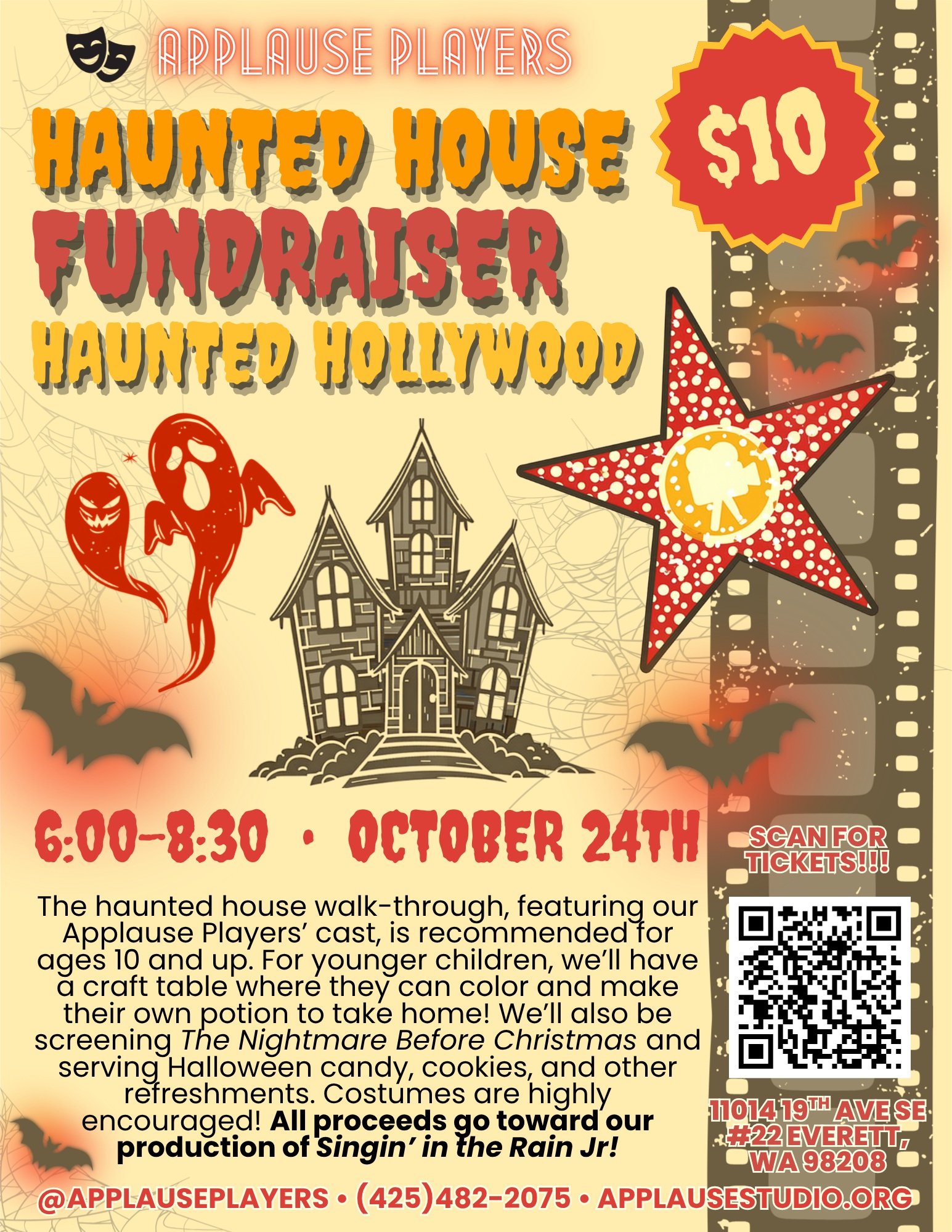 The Applause Players Haunted House is back! Tickets are on sale now!
This haunted house fundraiser is on Saturday, October 24th from 6:00-8:30pm. Our theme this year is Haunted Hollywood- to tie in with this years production, Singin' in the Rain Jr!
All proceeds go directly to funding our production; we hope to see you there!
#hauntedhouse #kidshauntedhouse #kidstheatre #theatregroup #applauseplayers