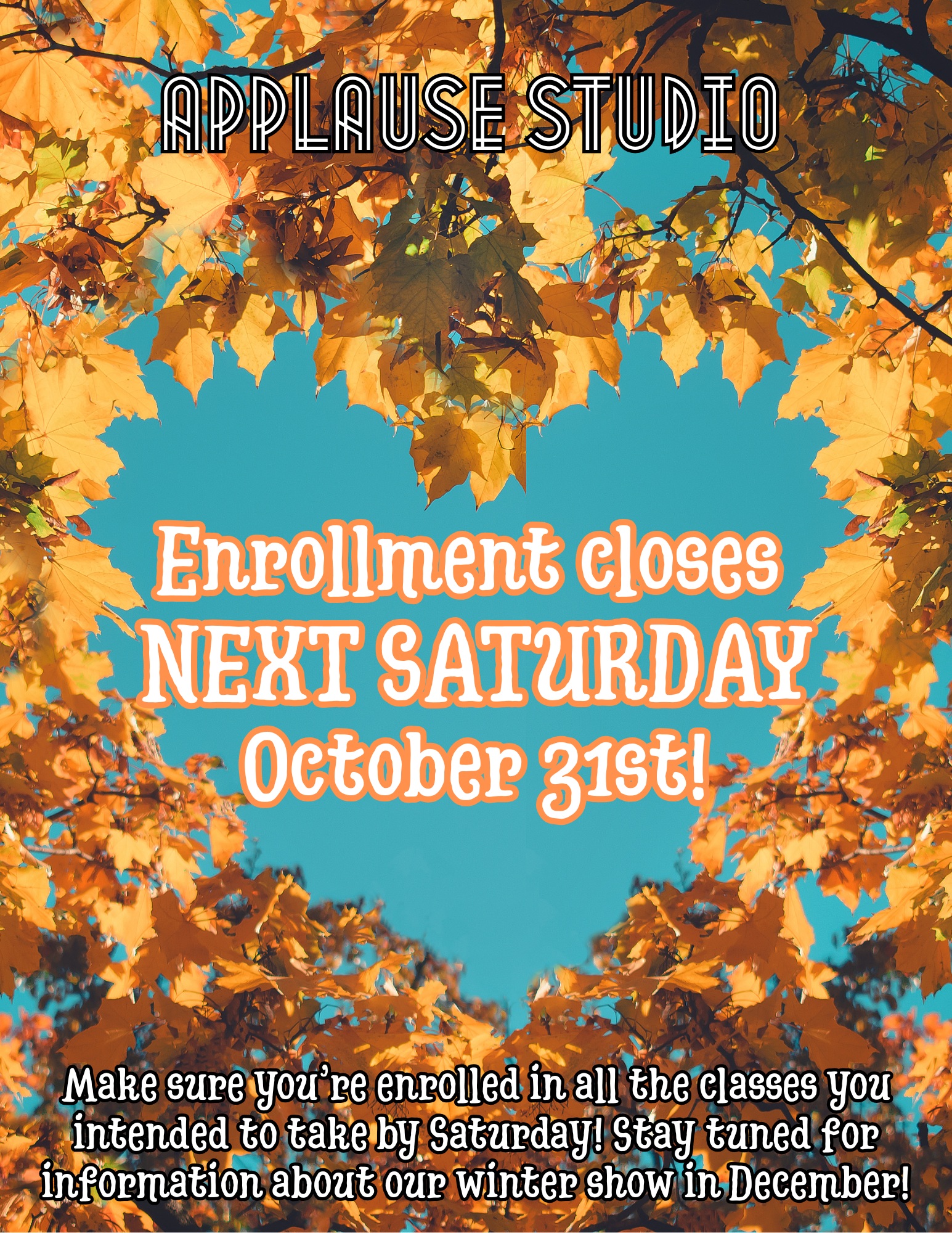 Enrollment closes next Saturday, October 31st! (Halloween). If you're still looking to add a class to the roster here's some classes that could use a couple more students!
- Li'l Hip Hop (Monday, 5:00-5:45pm, ages 3-5)
- Kinder Hip Hop (Monday, 5:45-6:30pm, ages 5-7)
- Pre-Ballet & Tap (Tuesdays 4:00-5:00pm, ages 3-5)
- Advanced Musical Theatre (Tuesdays, 6:00-7:00pm)
- Intermediate/Advanced Hip Hop (Tuesdays, 4:00-5:00pm)
- Group Voice (Wednesday, 5:00-6:00pm)
- Intermediate Ballet 1 (Wednesday 5:45-6:45)
- Group Piano Ages 4-7 (Fridays, 5:15-6:00pm)